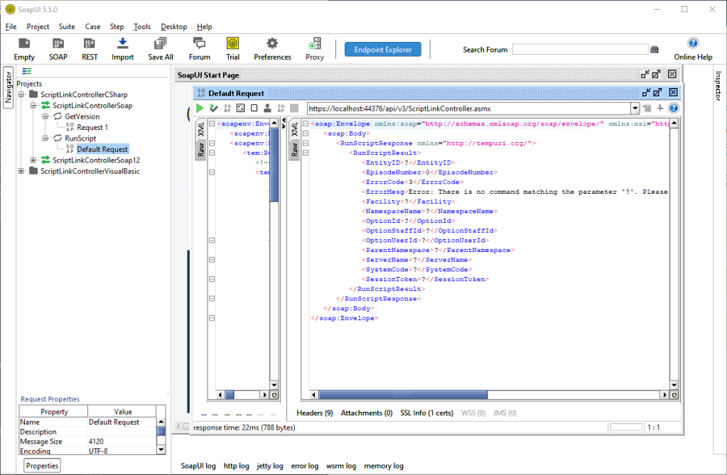 Screenshot showing Default Request Response in SoapUI