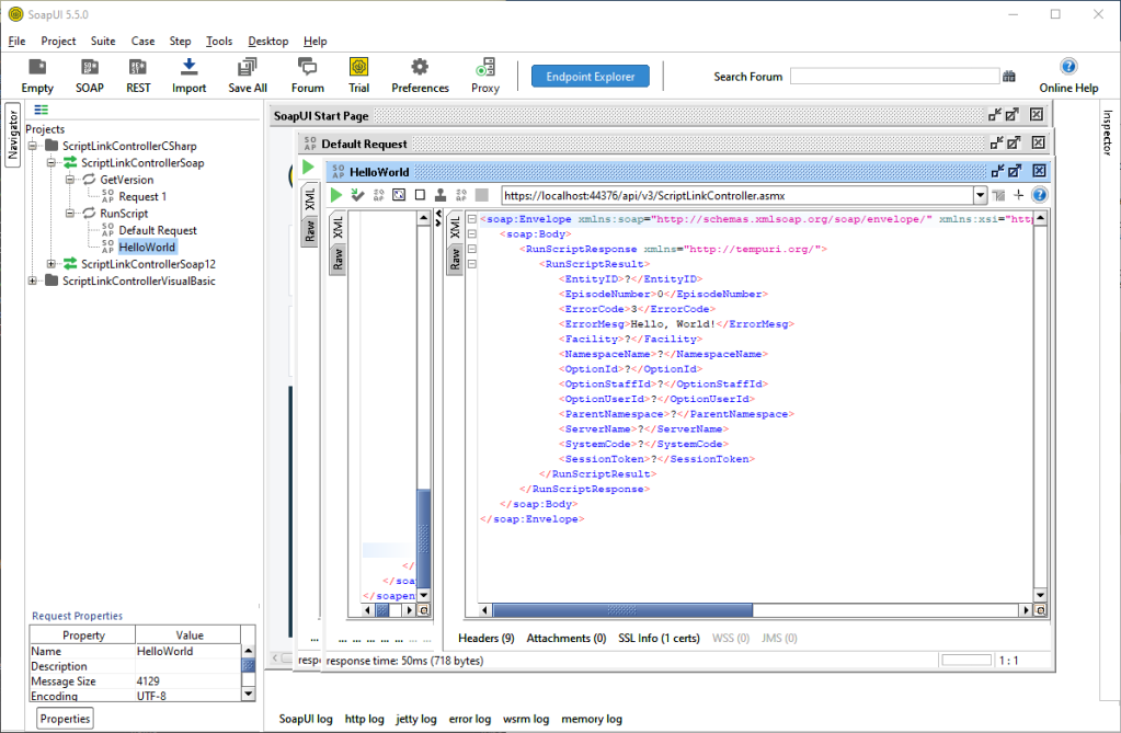 Screenshot showing Hello World Response in SoapUI