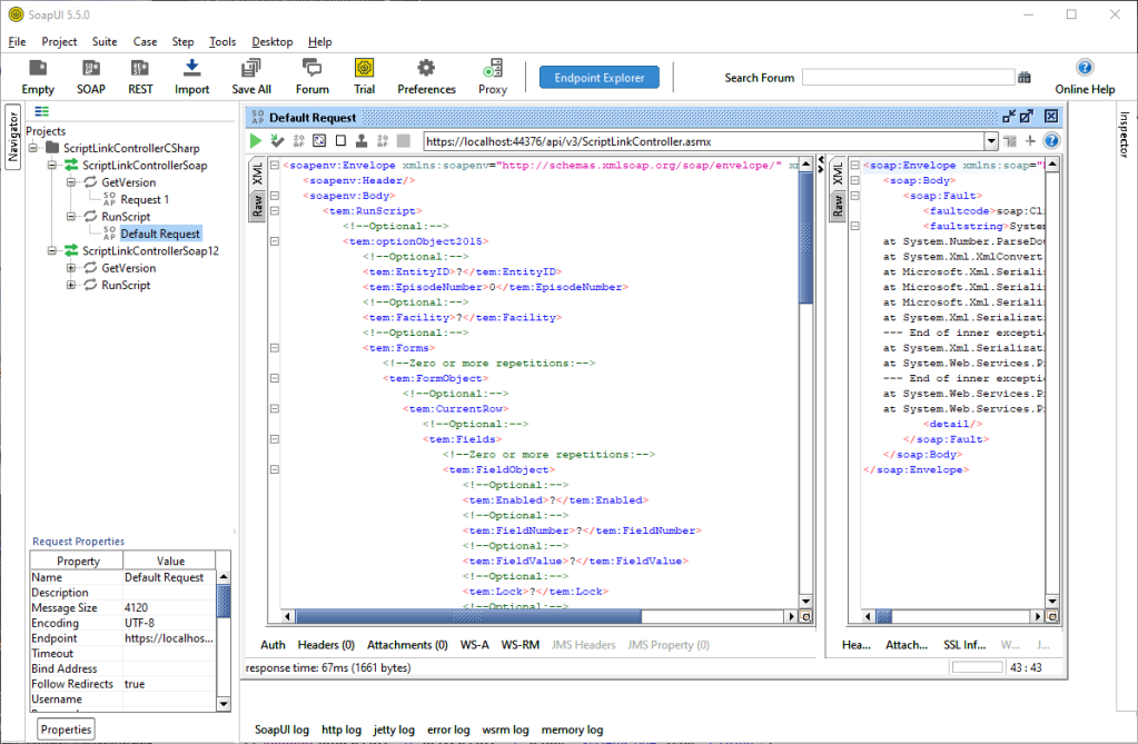 Screenshot showing corrected ScriptLink Default RunScript Request in SoapUI