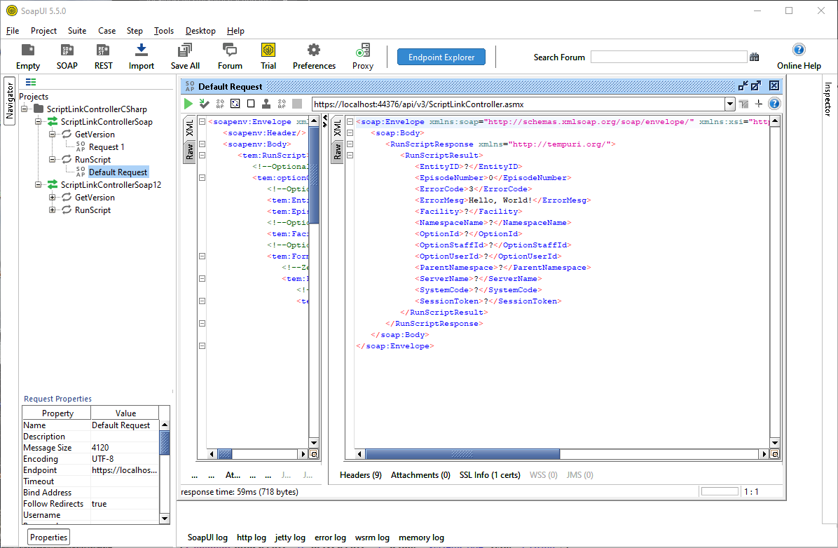 Screenshot showing ScriptLink RunScript Hello World Response in SoapUI