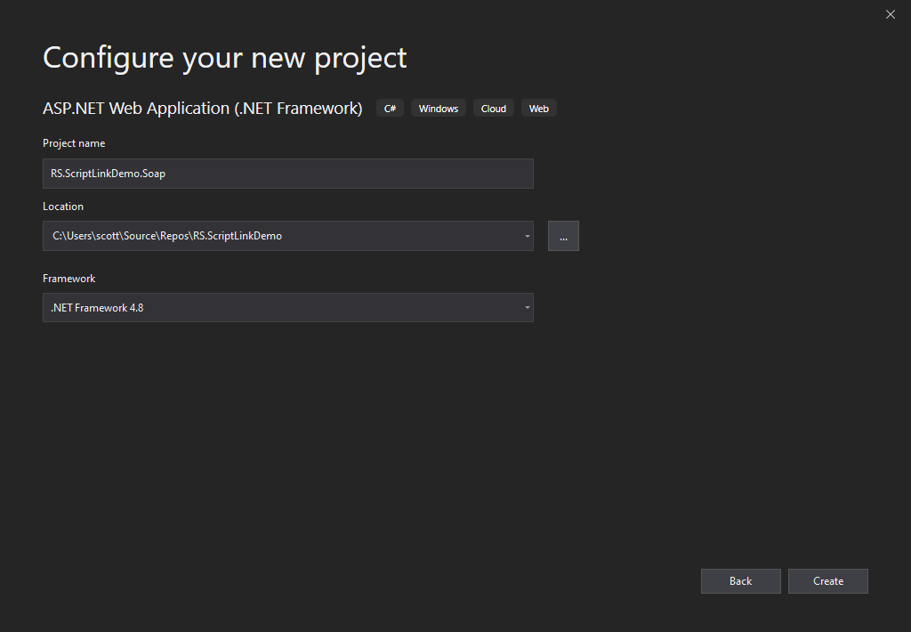 Screenshot showing the configuration of the ASP.NET web application project.