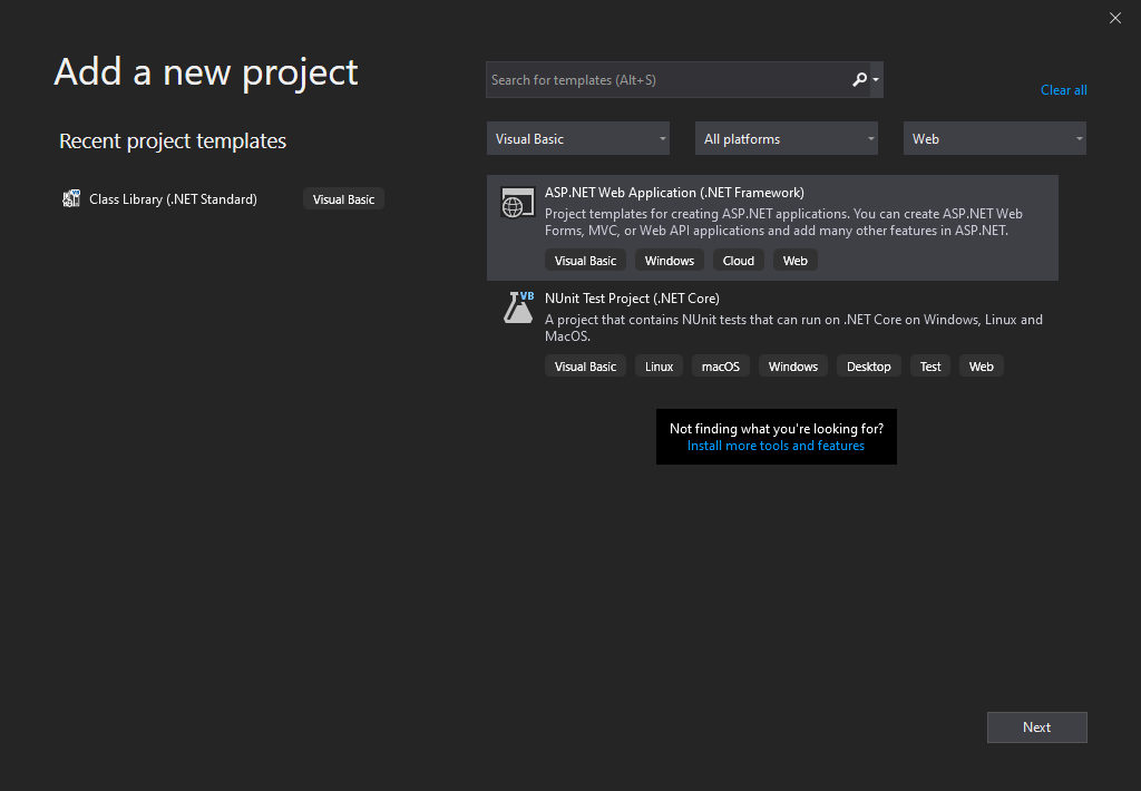 Screenshot showing the adding of a new ASP.NET Web Application using .NET Framework and Visual Basic.