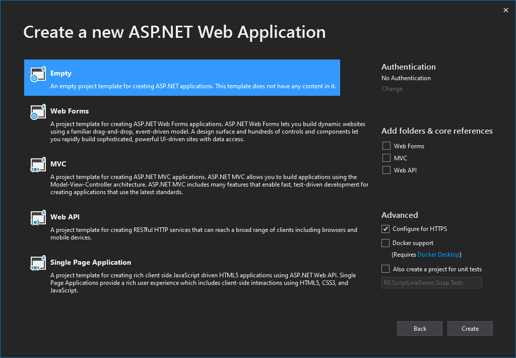 Screenshot showing the feature selection for the ASP.NET Web Application project.