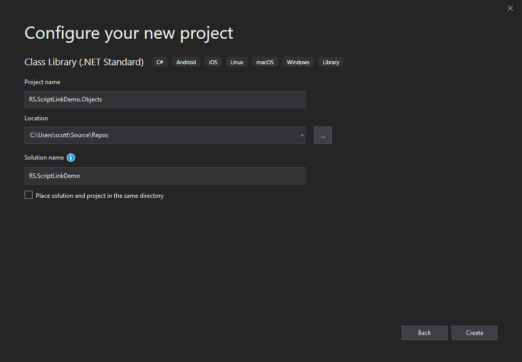 Screenshot of the new Class Library project configuration step.