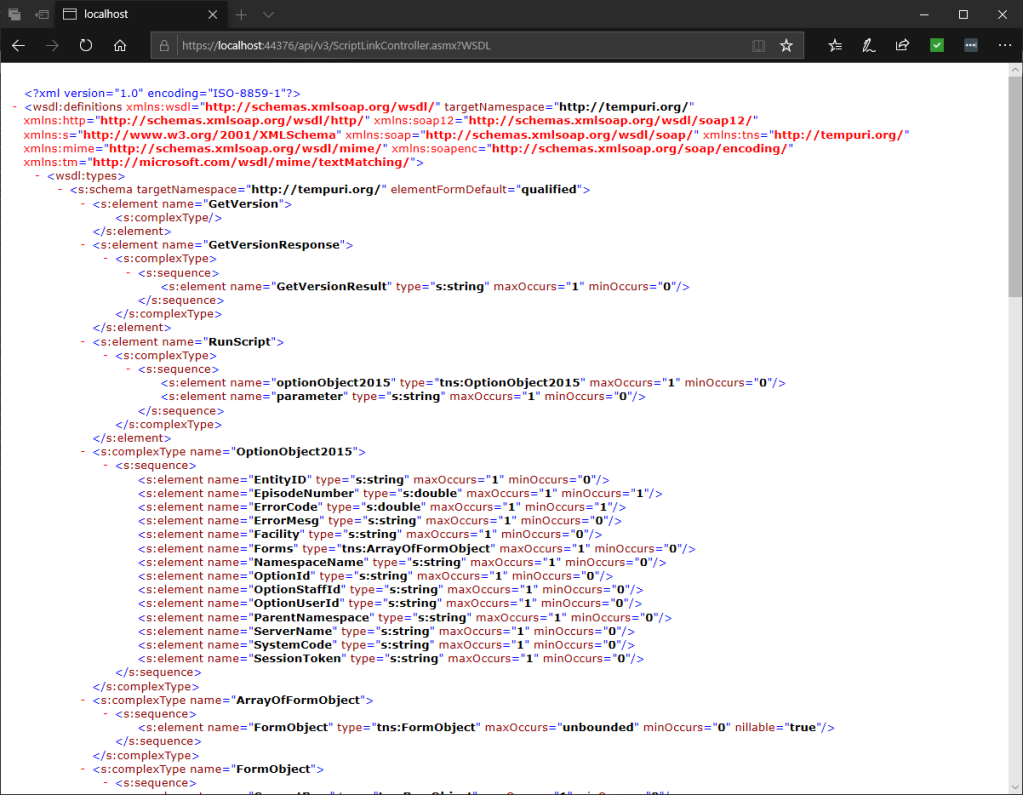 Screenshot of the ScriptLinkController WSDL displayed in Microsoft Edge version 44.
