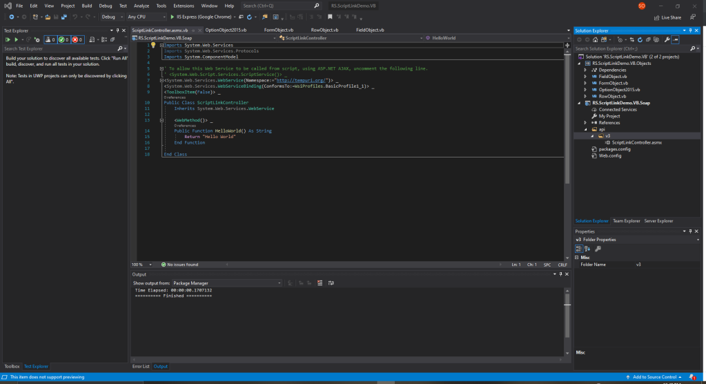 Screenshot of Visual Studio after the web application project and web service have been created.