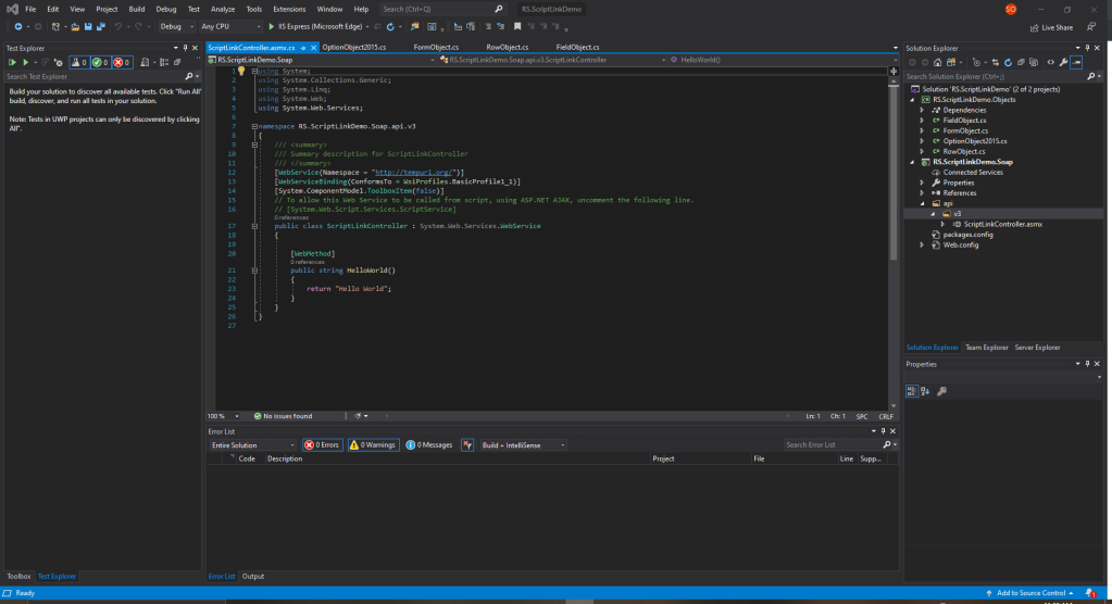 Screenshot of Visual Studio after the web application project and the web service have been created.