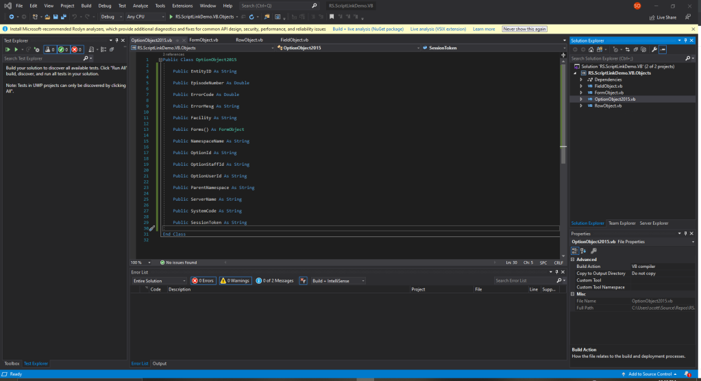 Screenshot of Visual Studio and the completed class library.
