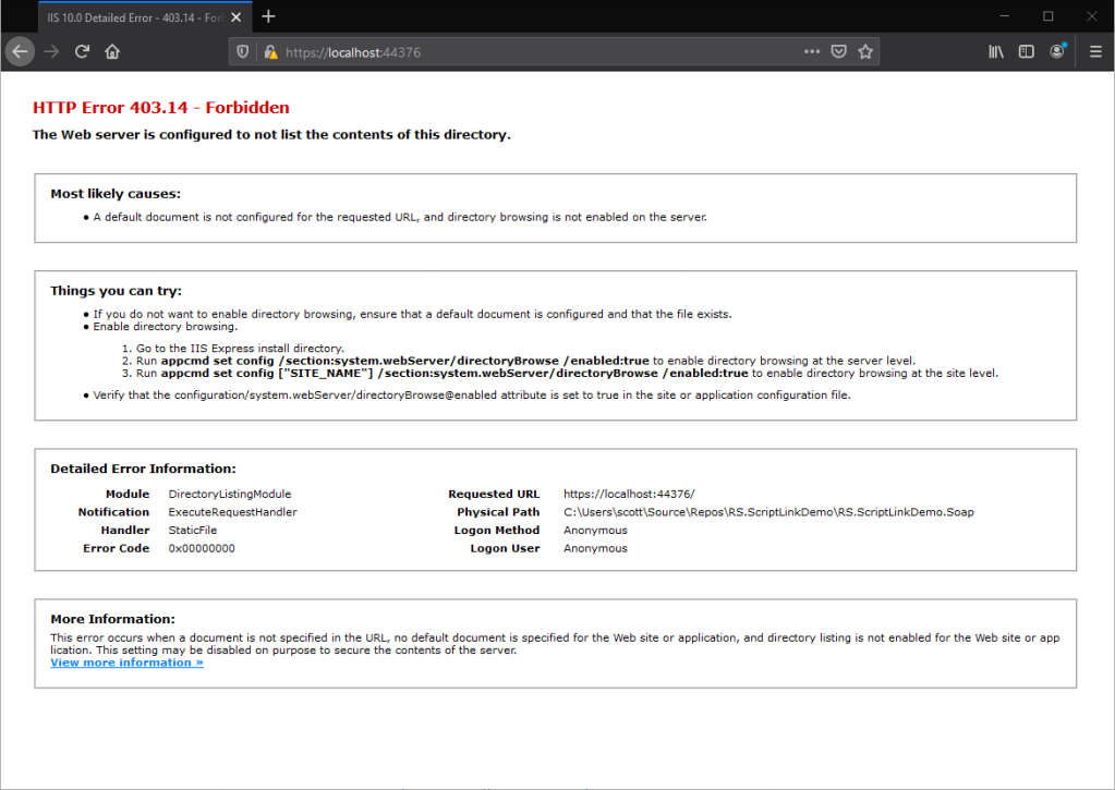 Screenshot of HTTP Error 403.14 Forbidden at Web Application Homepage