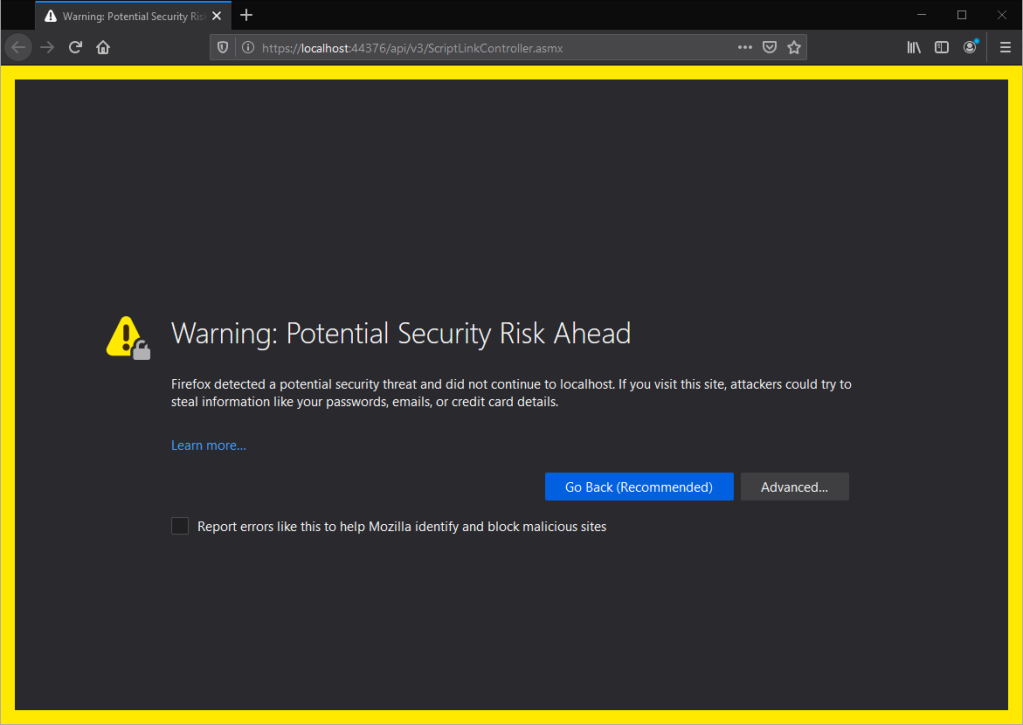 Screenshot of Visual Studio Self-Signed SSL Certificate Warning