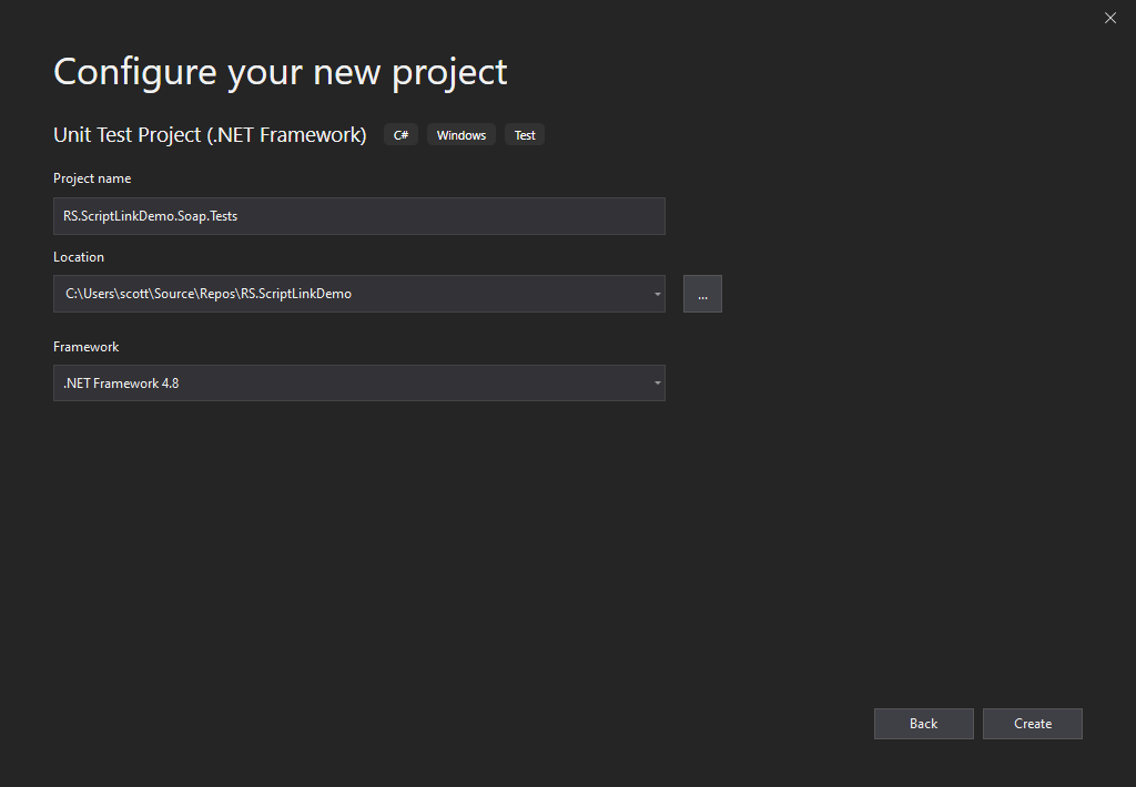 Screenshot of Configuring a new .NET Framework Unit Test Project