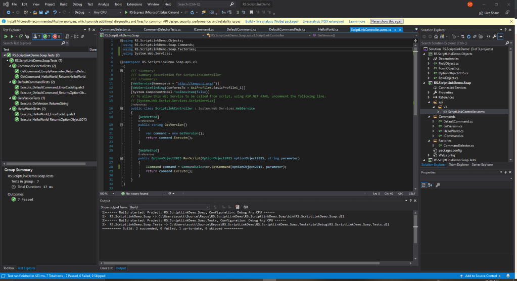 Screenshot showing Web Service Updated to Use CommandSelector in Visual Studio