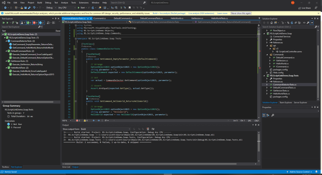 Screenshot showing ScriptLink CommandSelector Unit Tests in Visual Studio
