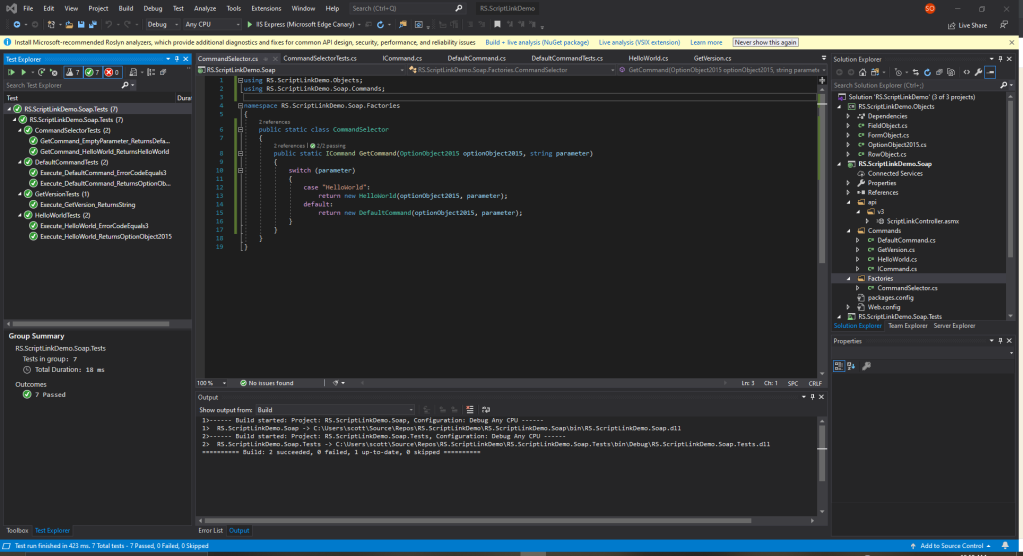 Screenshot showing ScriptLink CommandSelector in Visual Studio