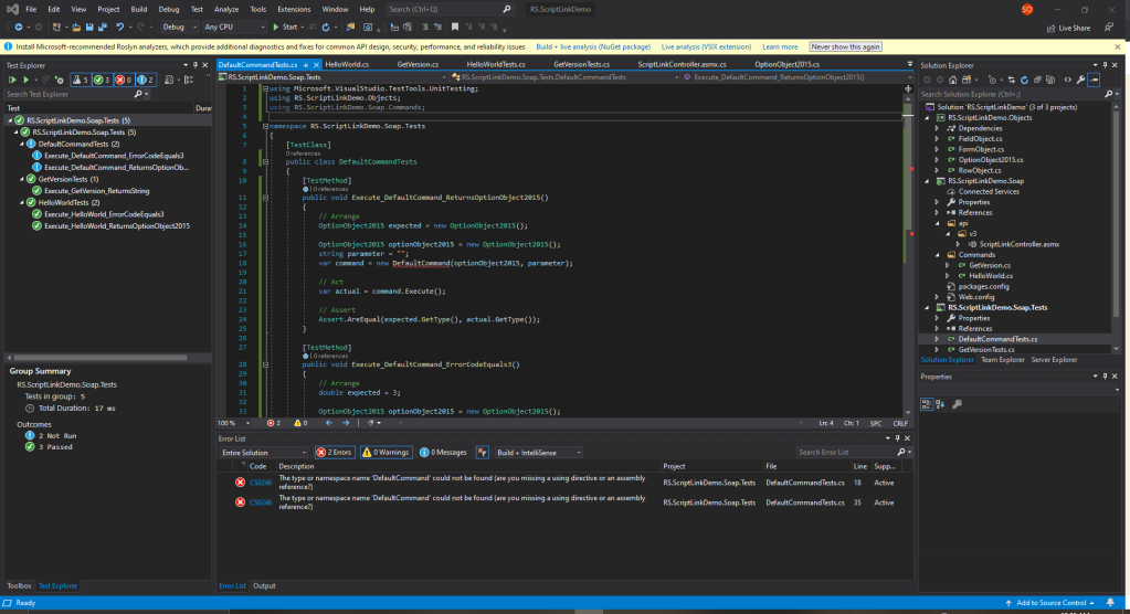 Screenshot showing the DefaultCommand Unit Tests in Visual Studio