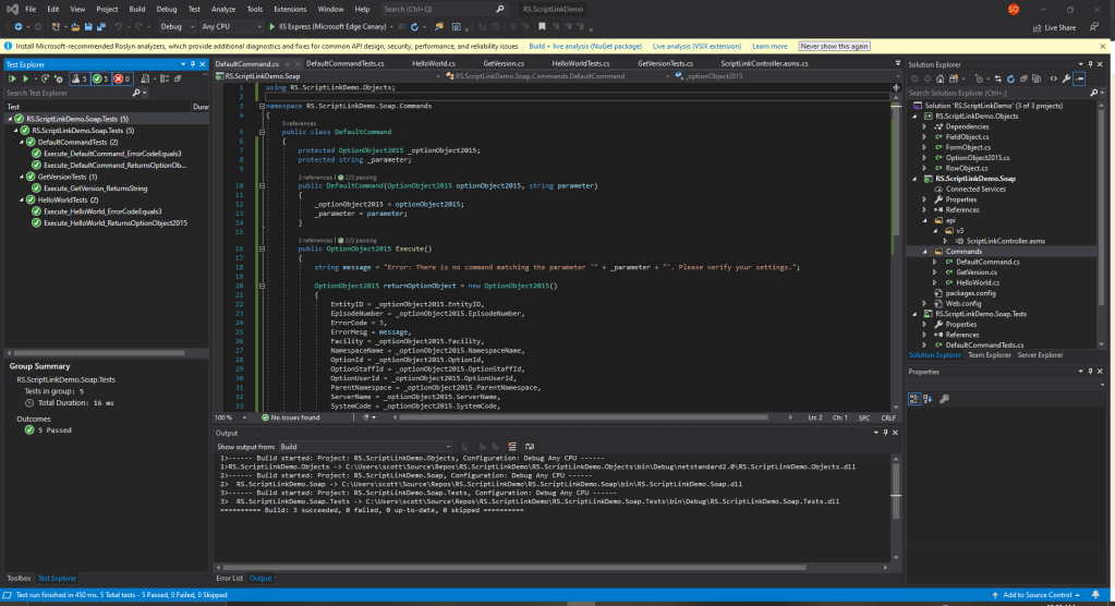 Screenshot showing the DefaultCommand in Visual Studio