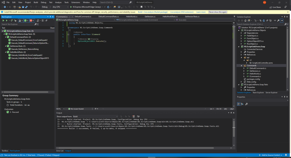 Screenshot showing ScriptLink ICommand Interface in Visual Studio